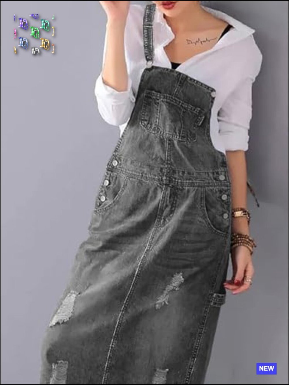 Adjustable Strap Distressed Denim Overall Dress A-Line Pinafore Jean Dress with - Picture 5 of 6